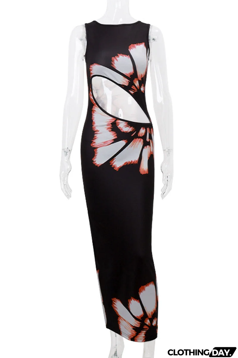 Sexy Flowers Print Hollow Out O Neck One Step Skirt Dresses