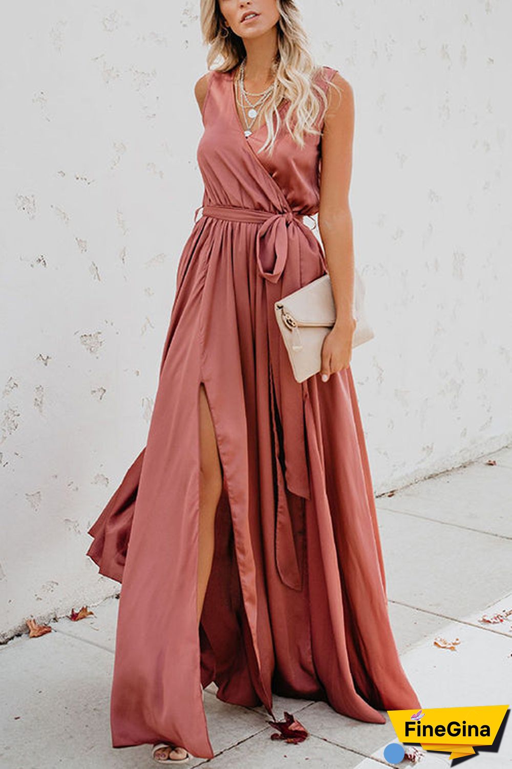 V Neck Sleeveless Slit Wrap Maxi Dress