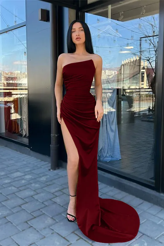 Elegant Strapless Draped Side Split Mermaid Hem Velvet Evening Dress