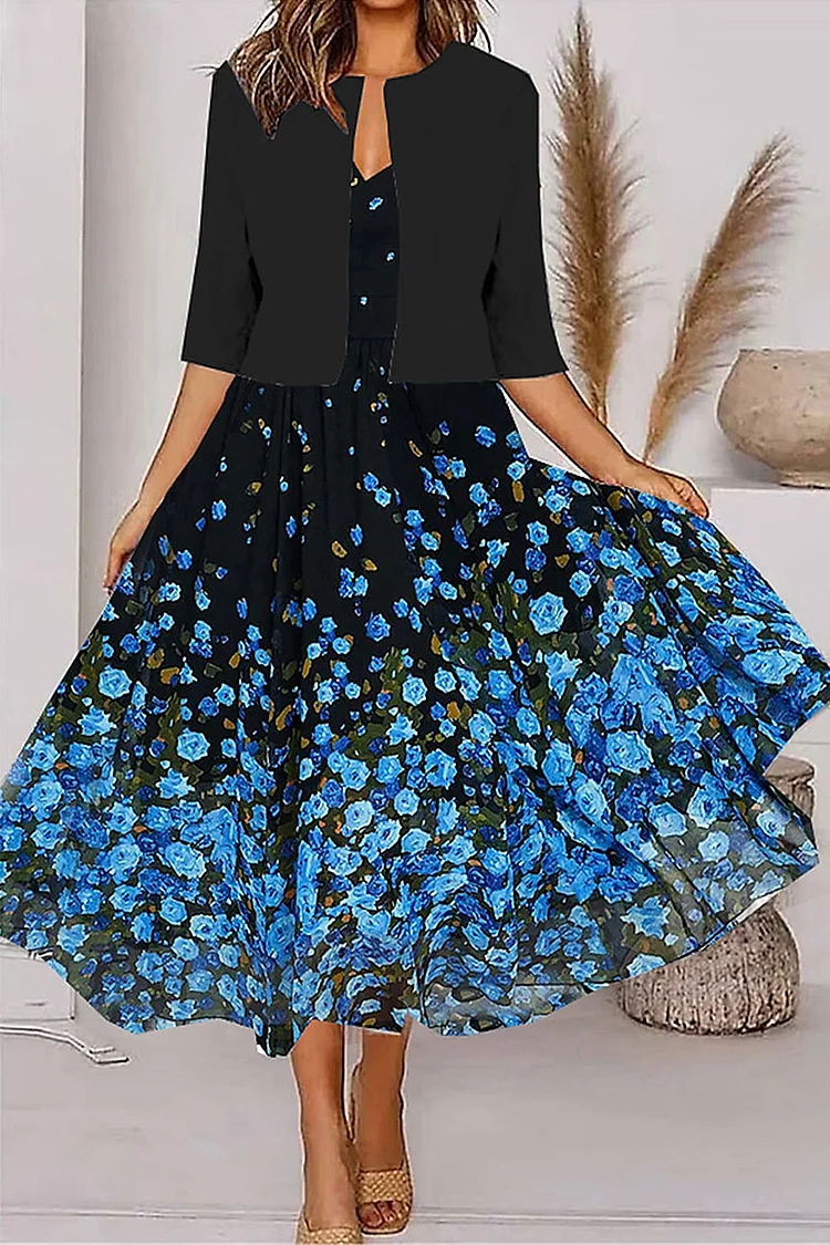 Flycurvy Plus Size Casual Black Chiffon Ombre Floral Print Two Pieces Tea-Length Dress With Jacket  Flycurvy [product_label]