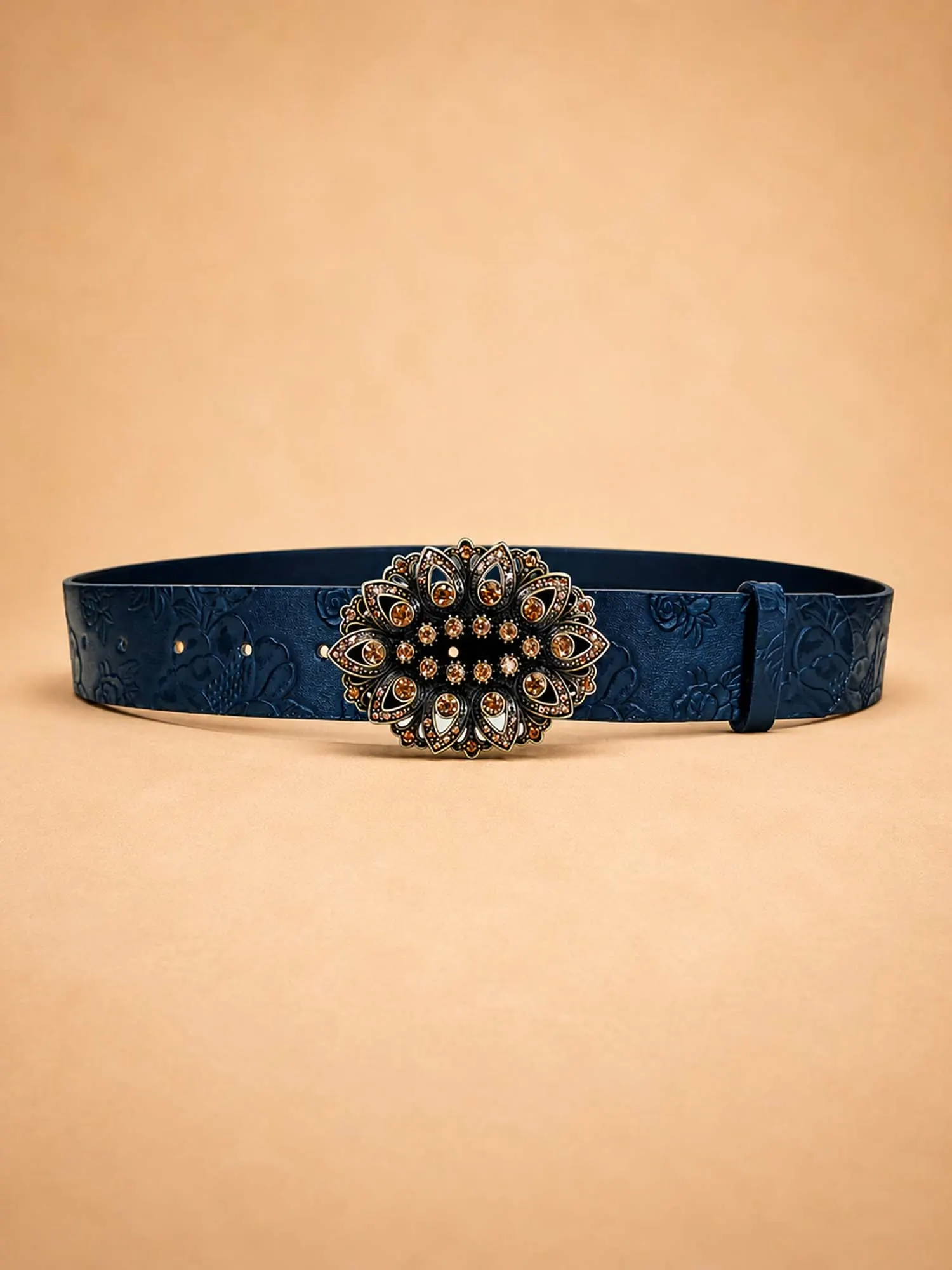 Essential for an Everyday Denim Look, Deep Indigo, Sunburst Silver Buckle, Durable Vegan Leather, Women's Cowgirl Belt