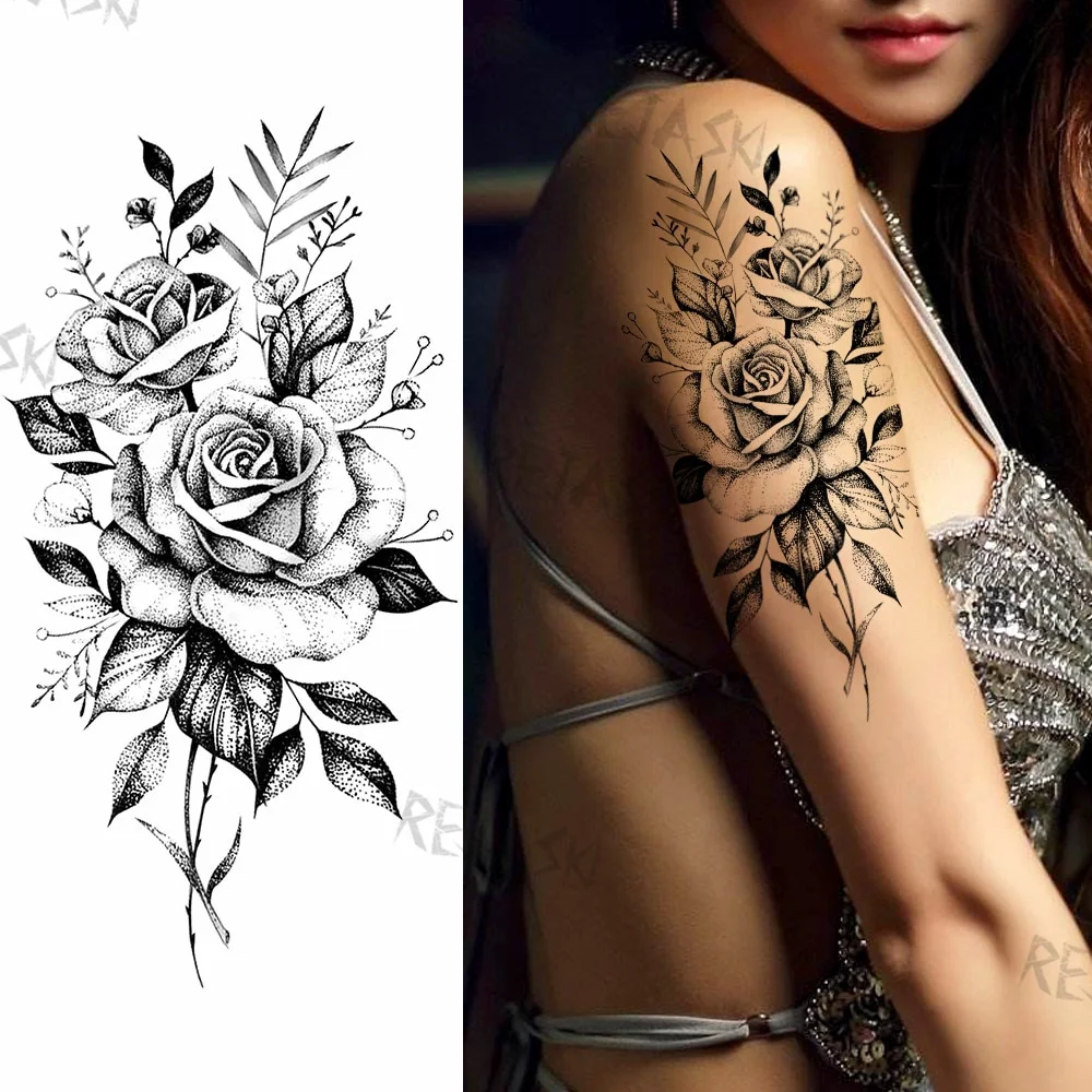 Sdrawing Rose Jewelry Water Transfer Tattoo Stickers Women Body Chest Art Temporary Tattoo Girl Waist Bracelet Flash Tatoos Flower