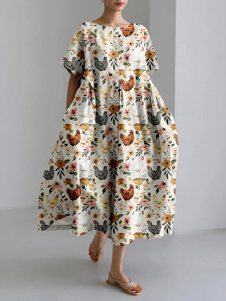 Watercolor Chicken Floral Linen Blend Maxi Dress