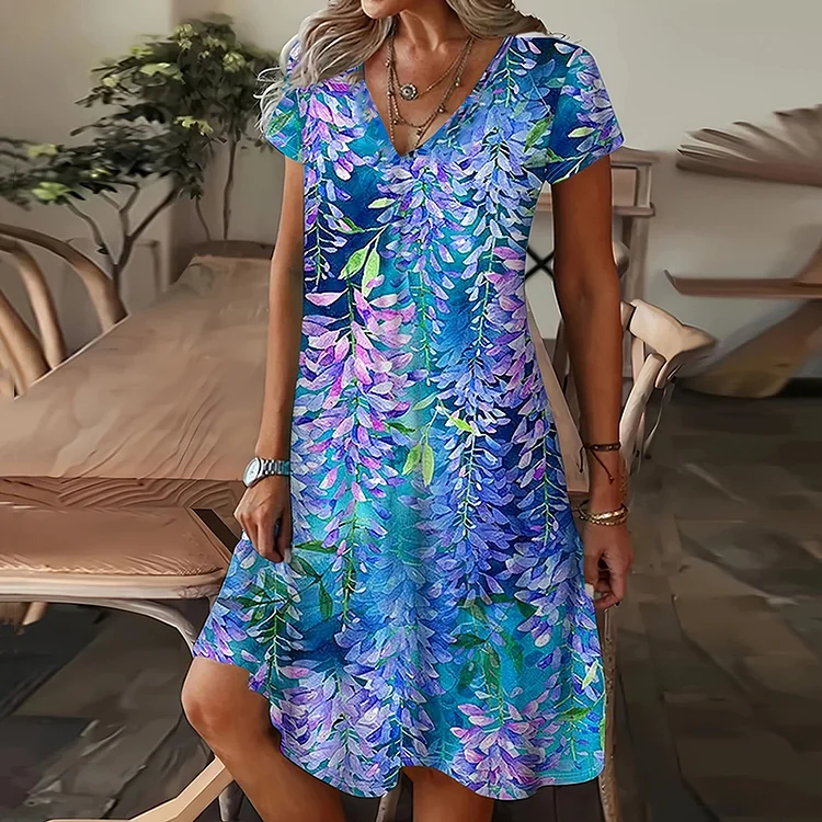 Floral Print V-neck Short Sleeved Midi Dress