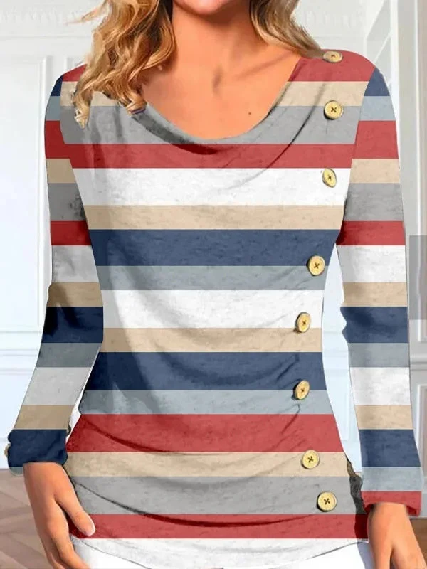 Women Long Sleeve V-neck Colorblock Striped Printed Buttons Tops