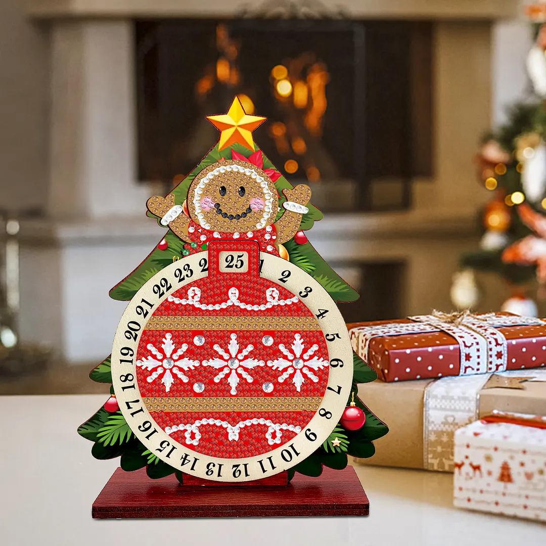 Gingerbread Man DIY Christmas Countdown Diamond Painting Tabletop Ornaments Kit 25 Days Crystal Art Craft Decoration Wooden for Living Room Home Office Decoration