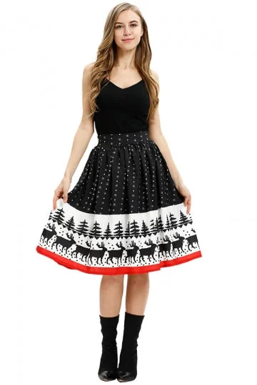 High Waisted Reindeer&Tree Print Midi Christmas Pleated Skirt-elleschic
