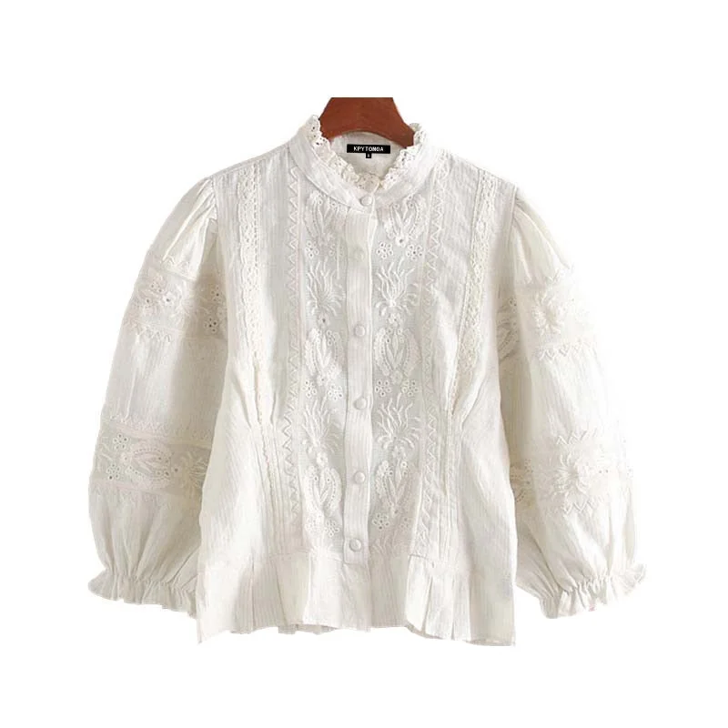 Vintage Sweet Hollow Out Embroidery Blouses Women 2020 Fashion Ruffled Collar Three Quarter Sleeve Female Shirts Blusa Chic Tops