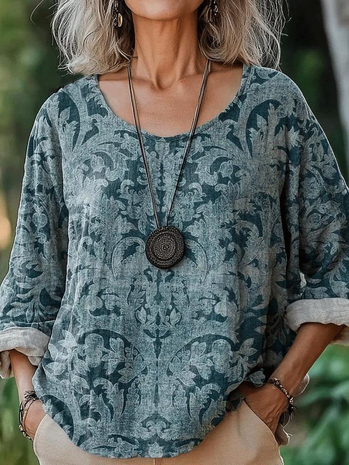 Women's Vintage Ethnic Floral Art Print Casual Cotton And Linen Shirt