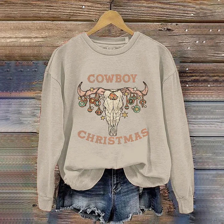 Comstylish Women'S Cowboy Christmas Bull Head Printed Sweatshirt