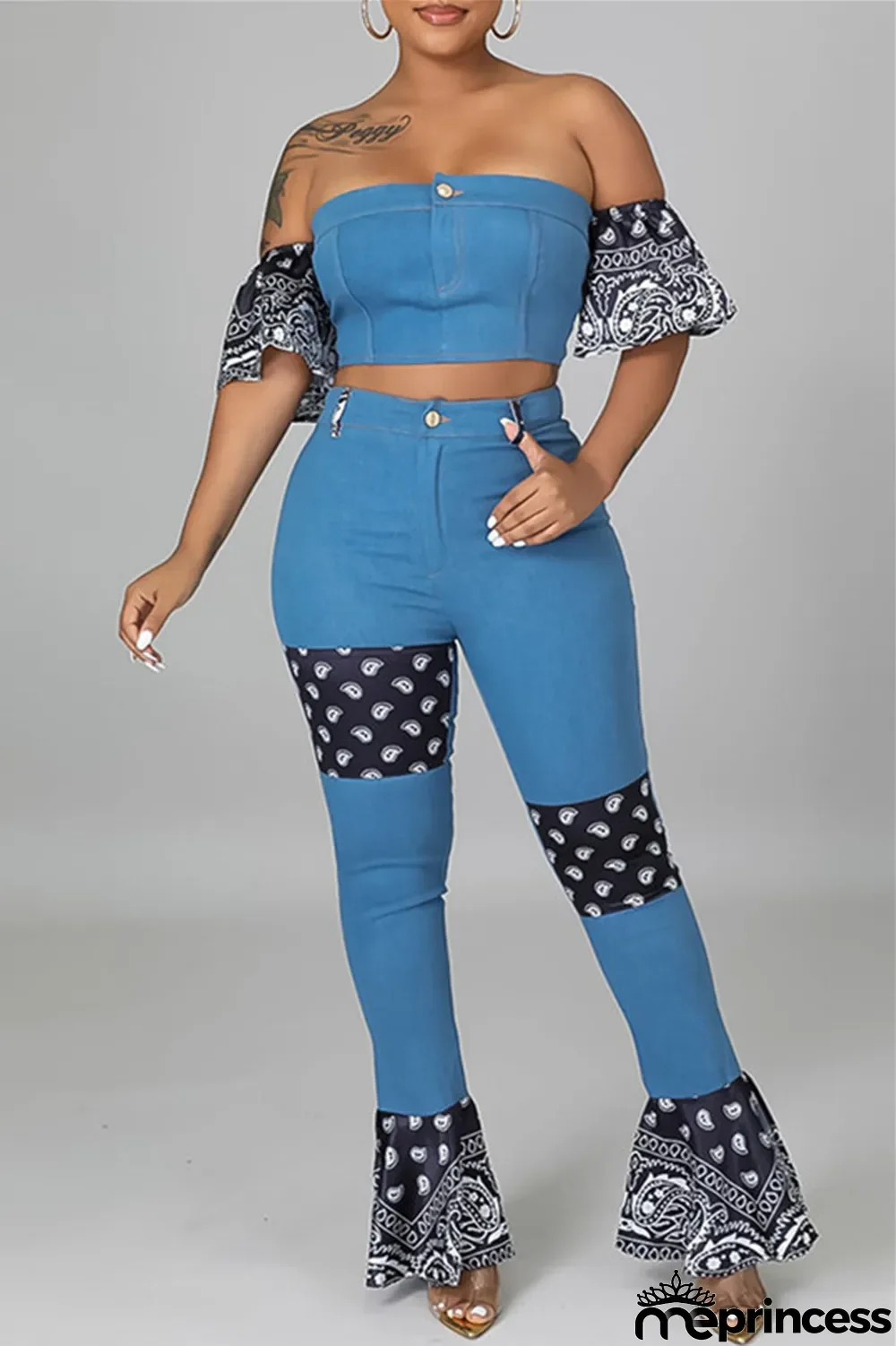 Dark Blue Sexy Casual Patchwork Backless Strapless Short Sleeve Two Pieces