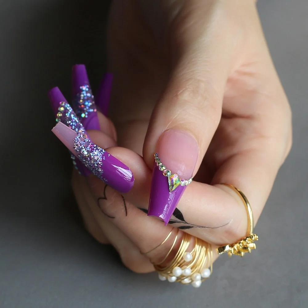 Luxury Coffin Glitter purple clear fake nails with crystals Gel Pink Long False nails French Lengthen-Nail Inspo