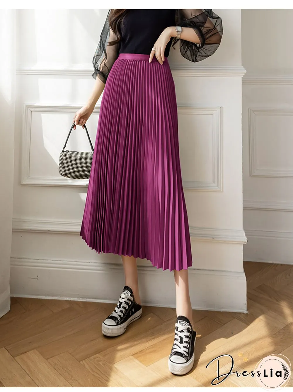 New Summer Womens Pleated Skirt High Waist Drape Umbrella Mid-_length Slim A-line Female