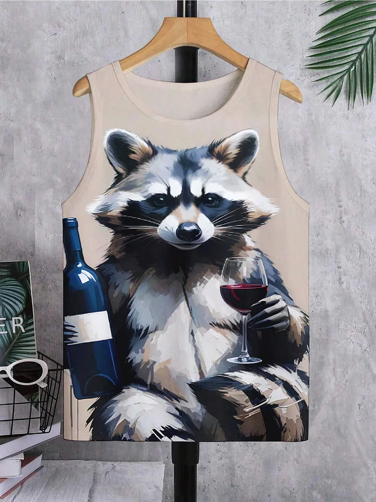 Men's Raccoon And Wine Print Tank Top