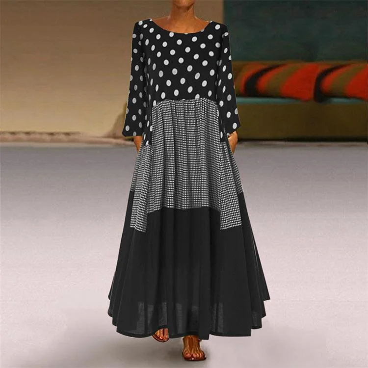 Cotton Vintage Autumn Boho Wave Point Print Dress
