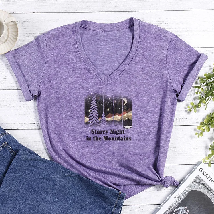 Starry night in the mountains V-neck T Shirt-Annaletters
