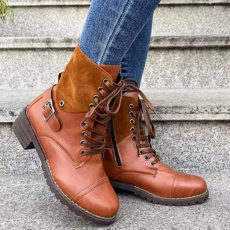 Winter New European and American Fashion Round Head Low Heel Cross Strap Women's Martin Boots | IFYHOME