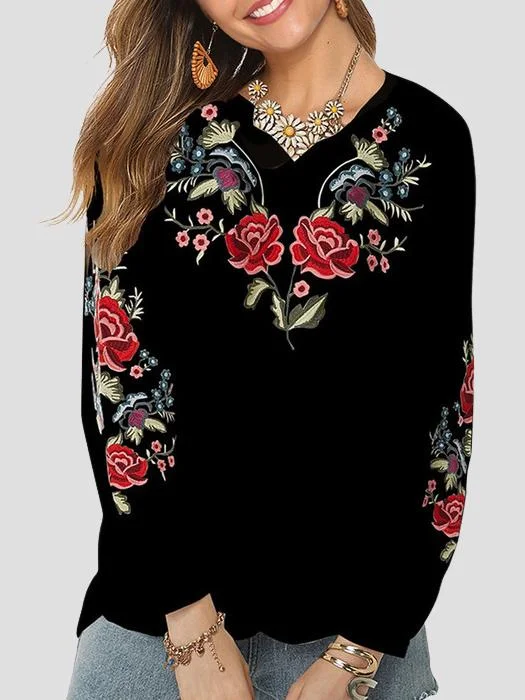 Women's Boho BlouseRetro V-neck Flower Embroidery Loose Blouse