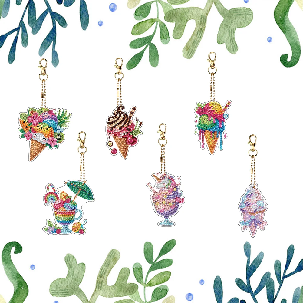 6Pcs Double Sided Special Shaped Ice Cream Diamond Painting Keychain for Adults
