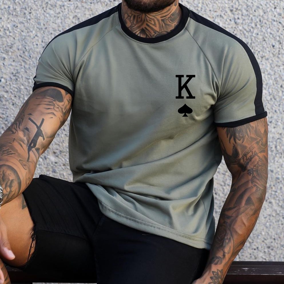 Men's Fashion Spade King Print Contrasting Colors Casual Short Sleeve T-Shirt