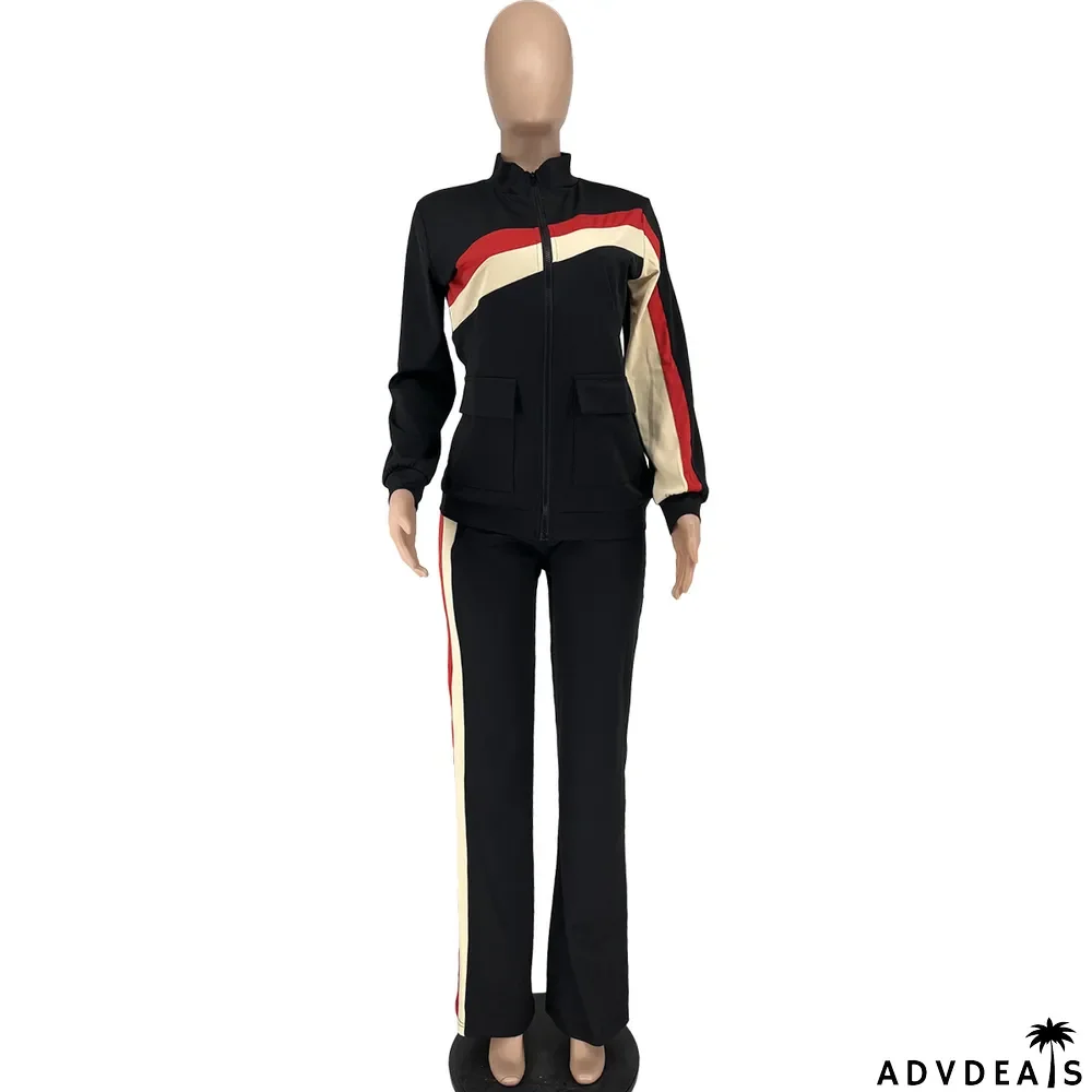 Plus Size Zipper Long Sleeve 2 Piece Pants Sets