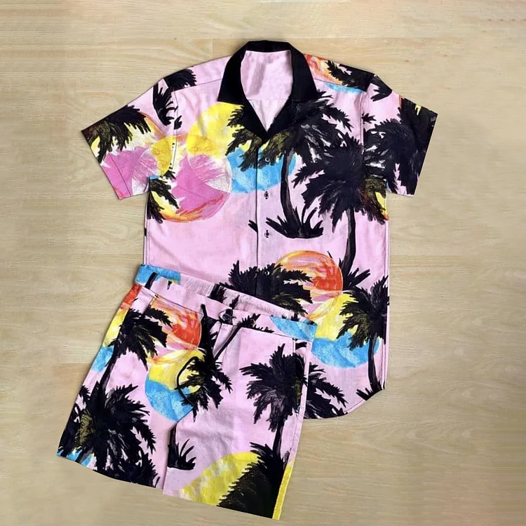 BrosWear Pink Seaside Coconut Tree Print Shirt And Shorts Co-Ord