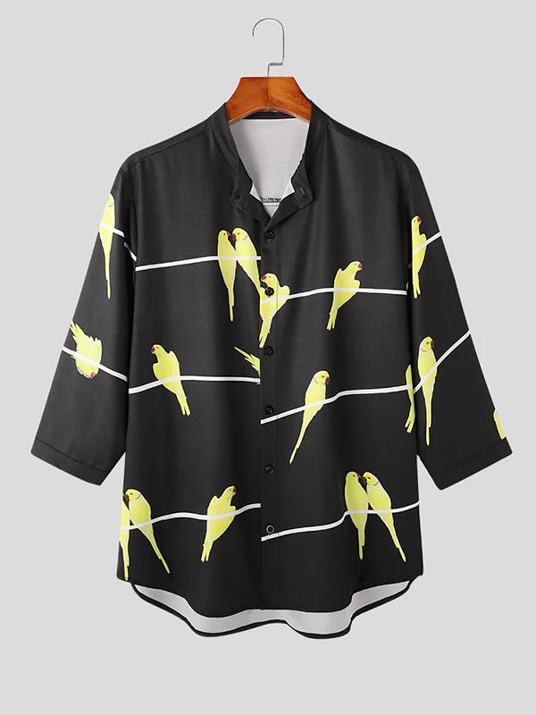 Aonga - Mens Birds Print Stand Collar / Sleeve Shirt