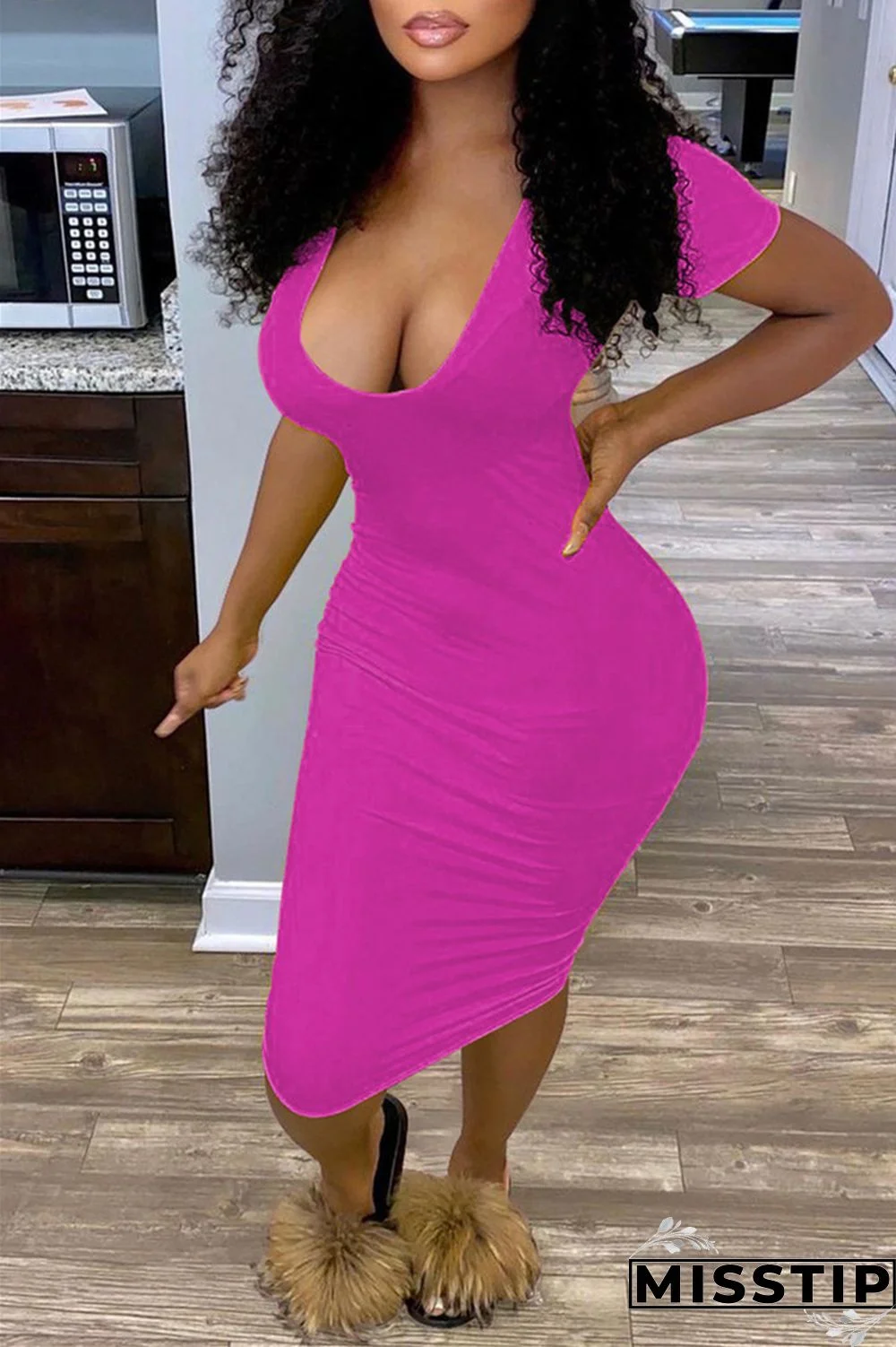 Orange Fashion Sexy Solid Basic V Neck Short Sleeve Dress