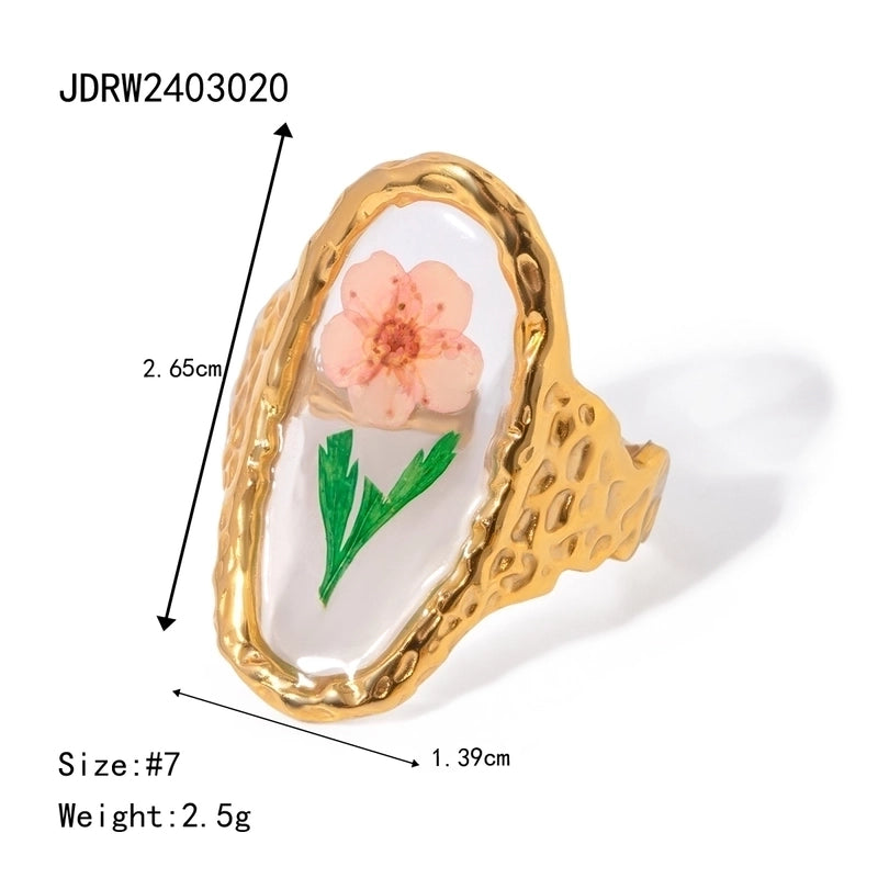 Sweet Artistic Four Leaf Clover Oval Flower 304 Stainless Steel 18K Gold Plated Rings