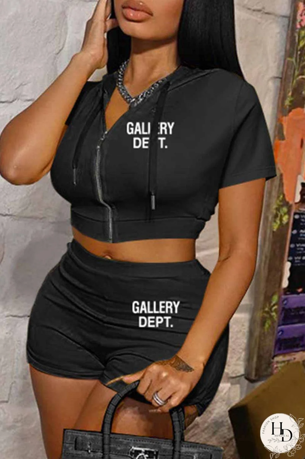 Black Casual Print Letter Hooded Collar Short Sleeve Two Pieces