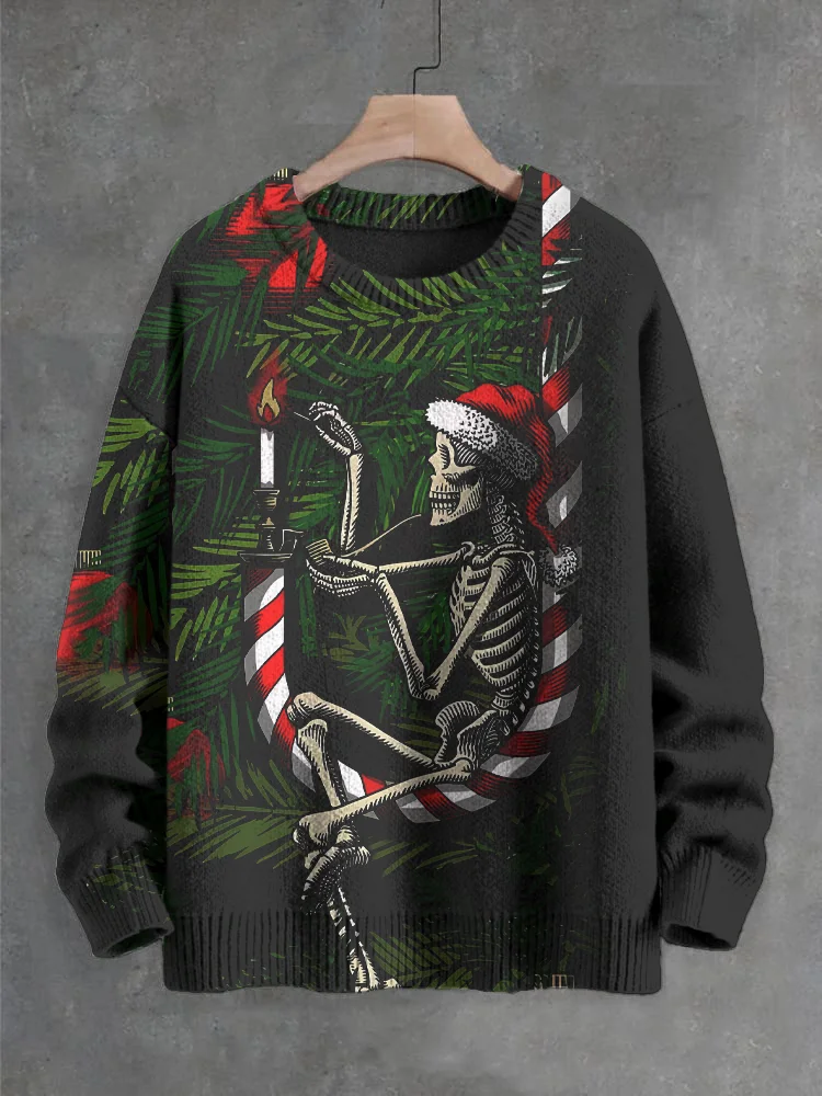 Men's Christmas Skeleton Smoking Sitting On Cane Art Print Knit Sweatshirt