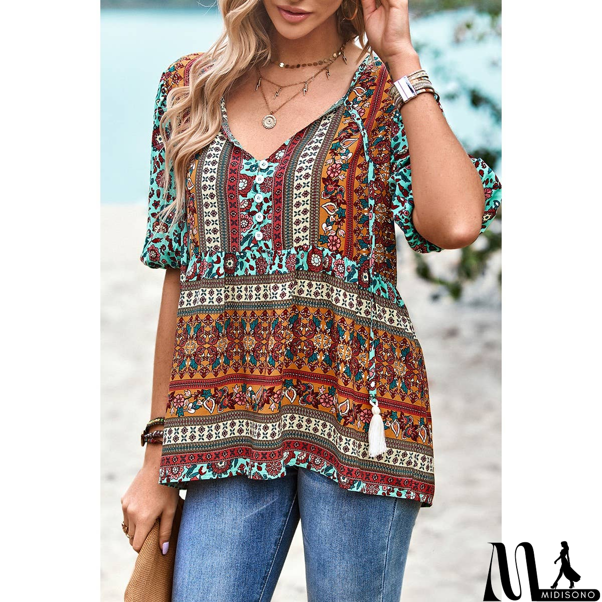 MidiSono - Floral Print Button Deep V Color Block Loose Fit Top