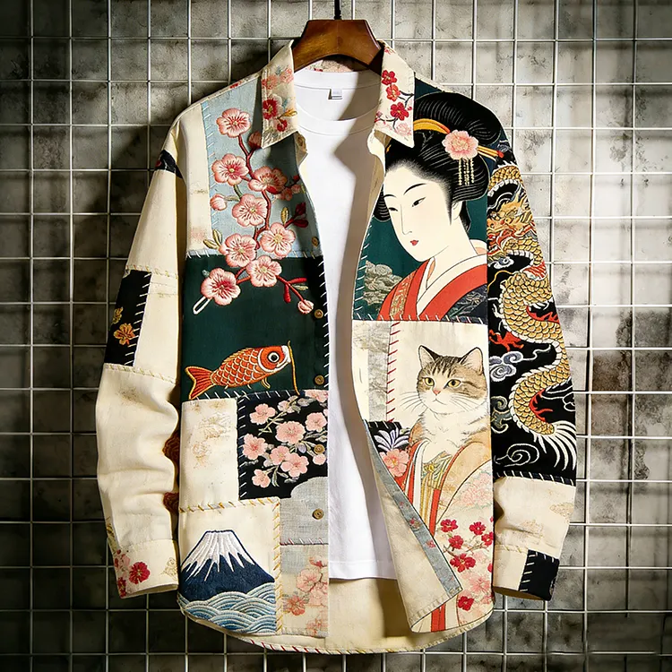 Men's Japanese Art Dragon Ukiyo-e Bijin-ga Patchwork Print Long Sleeve Shirt