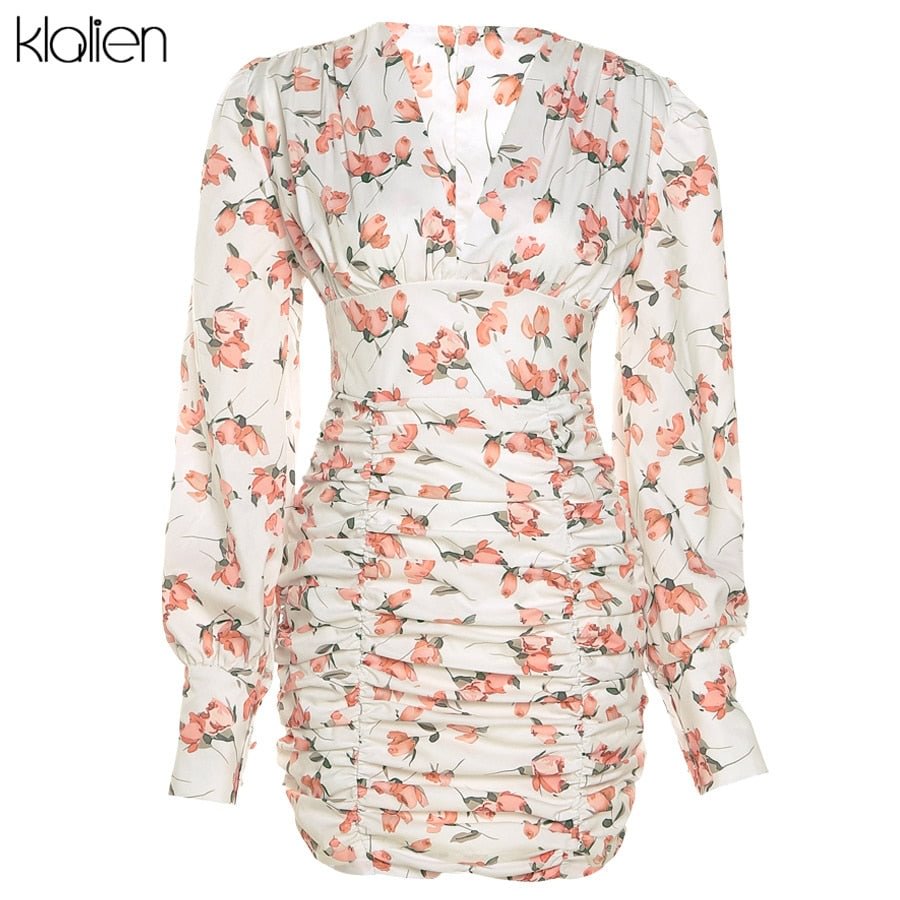 KLALIEN Autumn Fashion Sexy V Neck Leopard Mini Dress For Women Casual Office Lady Elegant Floral Bodycon Dresses Birthday Party