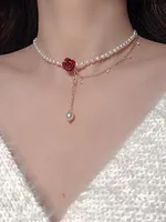 Vintage Alloy Pearl Rose Necklace