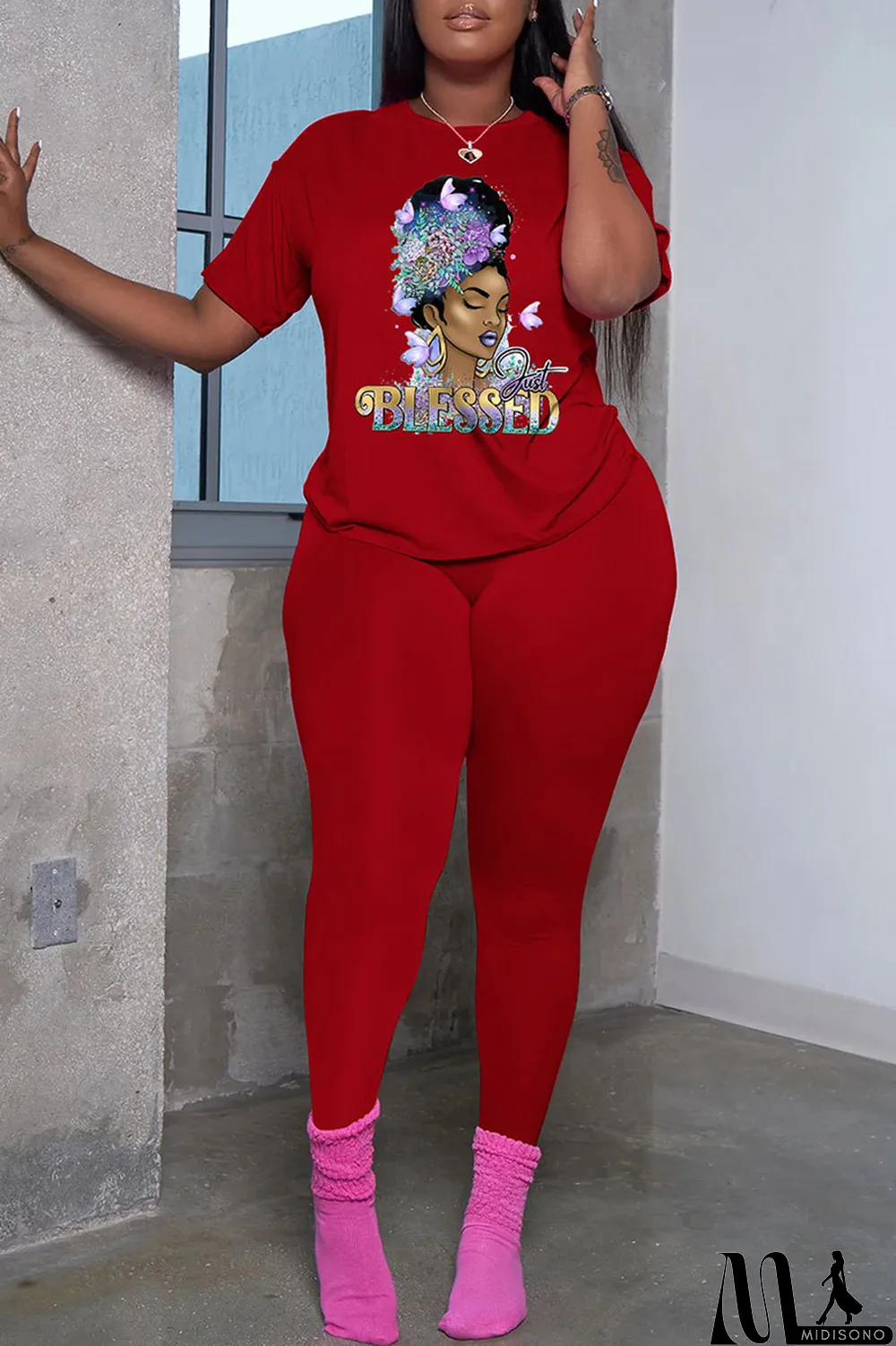 MidiSono - Black Fashion Casual Print Patchwork Basic O Neck Short Sleeve Two Pieces