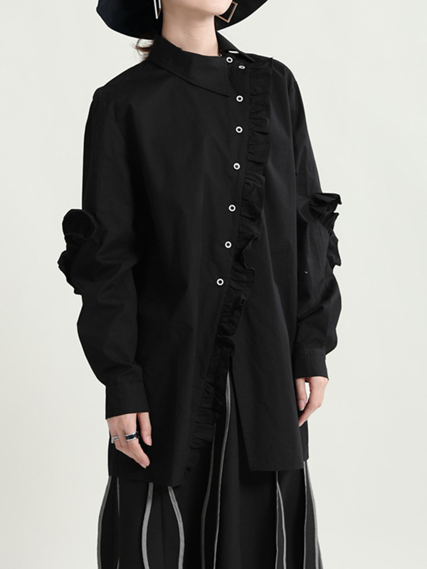 Loose Ruffled Asymmetrical Collar Long Sleeved Shirt