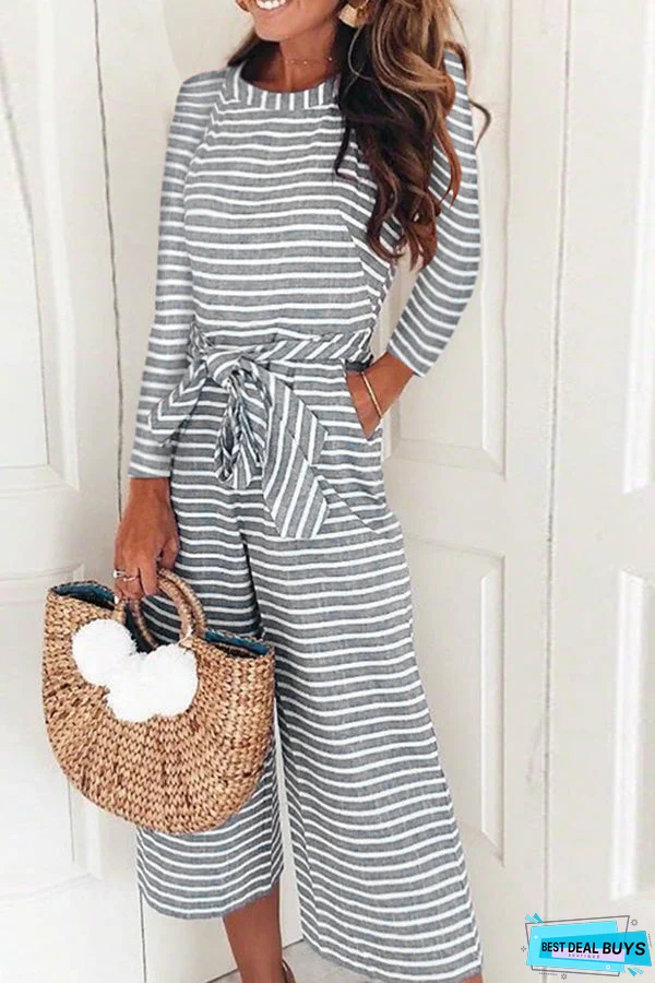 Striped Round Neck Lace-up Jumpsuit