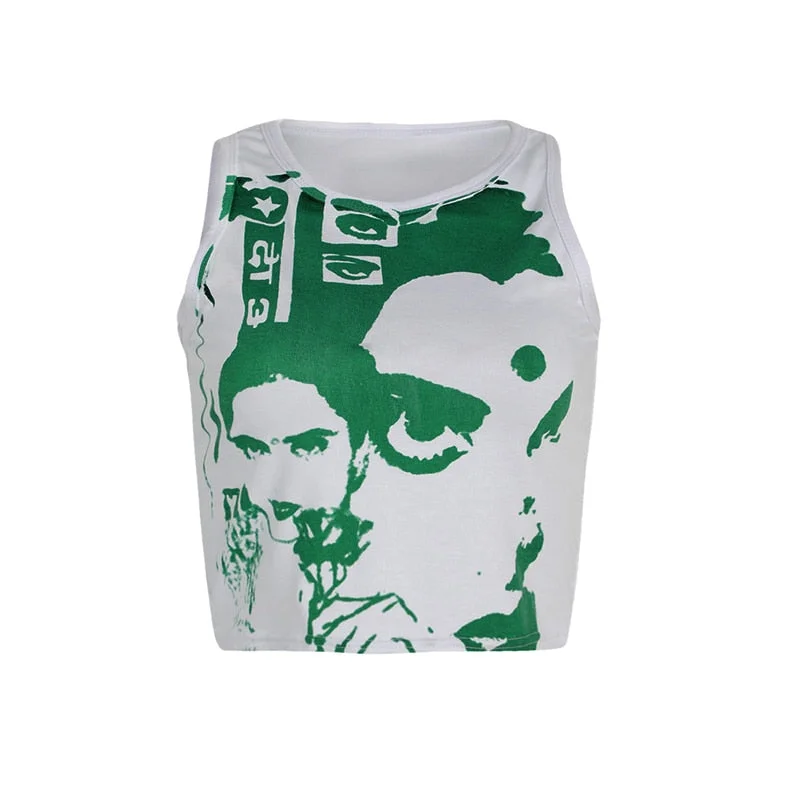 Xingqing Gothic Portrait Print T-shirt Aesthetic Short Sleevle Sweats Tees Harajuku Streetwear White Crop Top Women Clothes