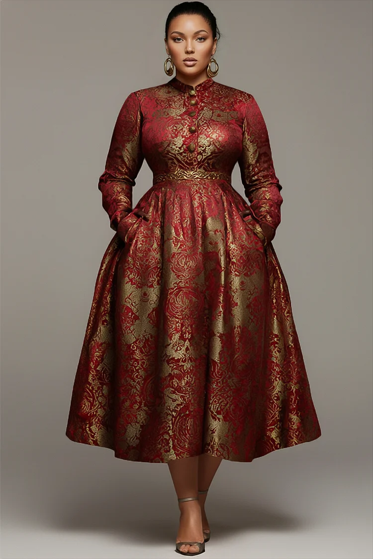 Xpluswear Design Plus Size Churchs Red All Over Print Stand-Up Collar Long Sleeve Pocket Elegant Button Satin Midi Dresses 2024 - Xpluswear