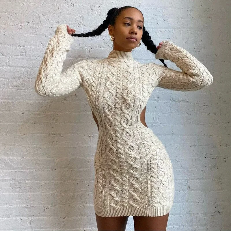 Tossy Backless knitted Dress Long Sleeve Women Autumn Knitwear Mini Dress Sexy High Street Slim Bodycon Dresses 2021