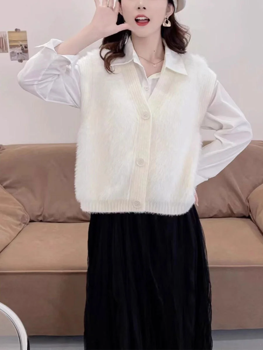 Ueong Autumn Winter New Imitation Mink Sweater Vest Female Inside Wear Outside Build Temperament Cardigan V-Collar Coat Soft Waxy Vest