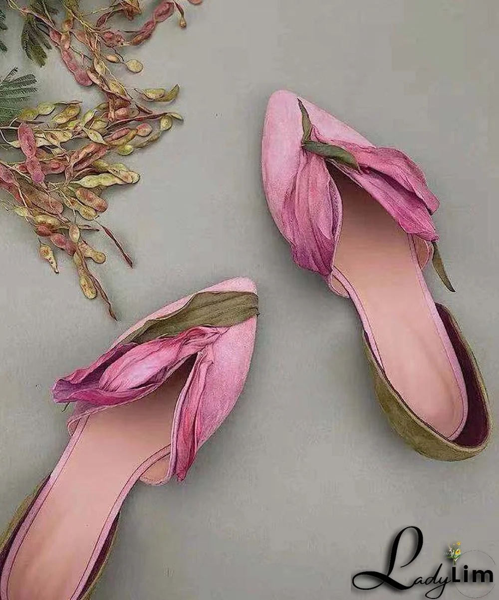 Handmade Pink Satins Flower Pointed Toe Flat Shoes