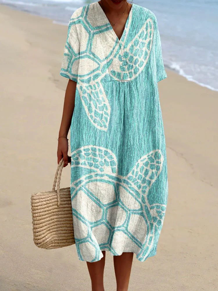 Womens Turtle Pattern Print Casual Cotton And Linen Dress