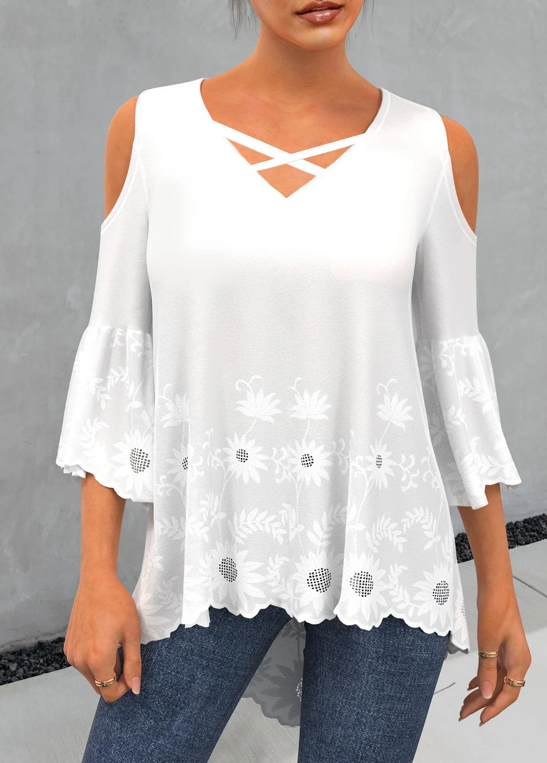 Cotton Embroidery Cold Shoulder White Dip Hem Blouse