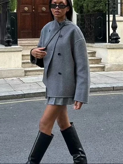 Nigikala Nigikala Women's Autumn And Winter New Fashion Temperament Loose V-Neck Double Buckle Coat C91695