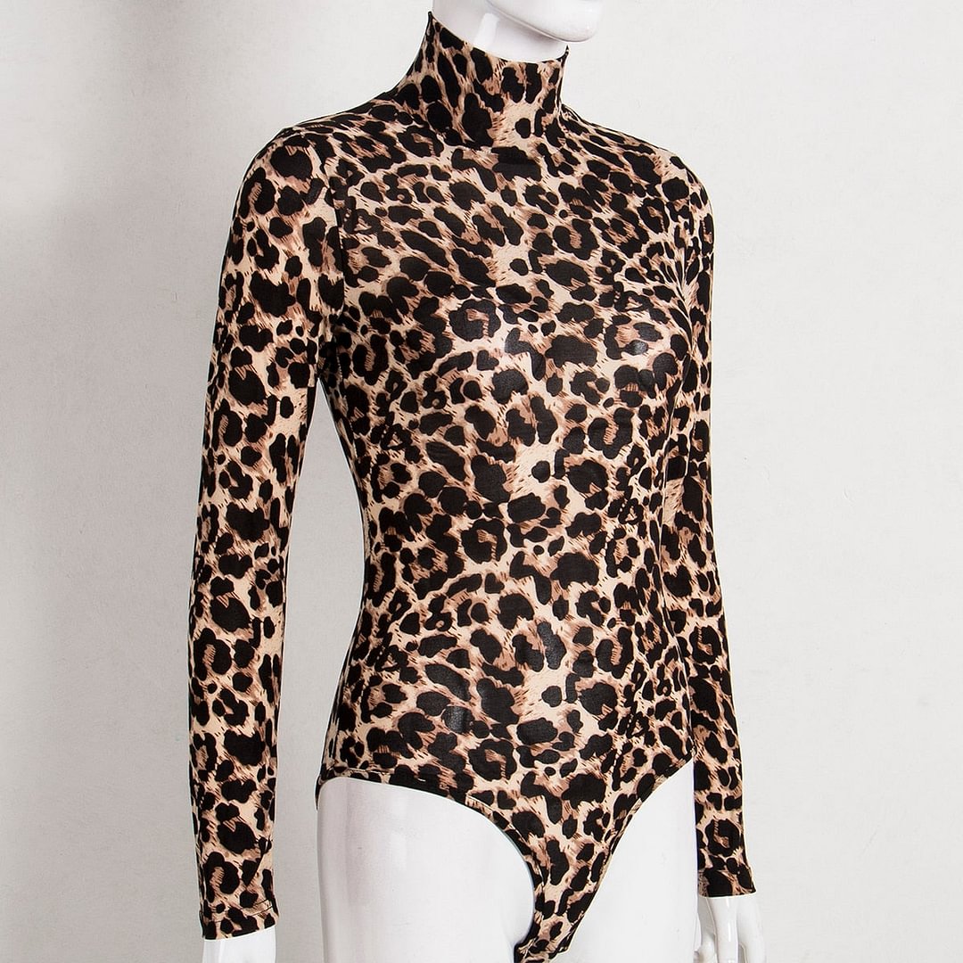 Women Leopard Bodysuit Tops 2021 Autumn Turtleneck Long Sleeve Bodycon Skinny Bodysuits Jumpsuits Ladies Sexy Vintage Club Wear
