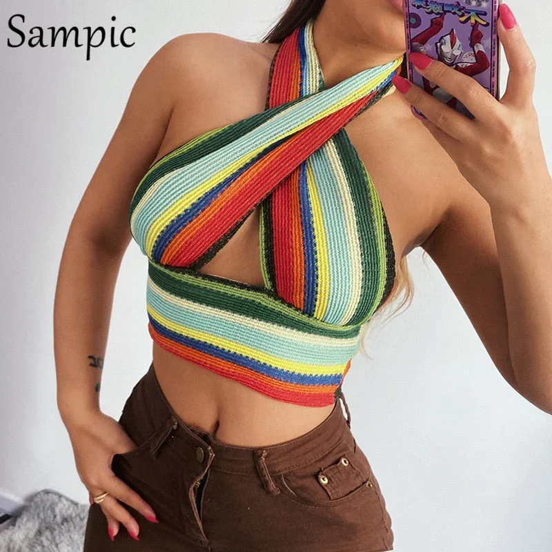 Sampic 2021 Casual Summer Striped Sexy Halter Skinny Basic Crop Tops Night Club Streetwear Fashion Backless Tank Tops Mini Vest