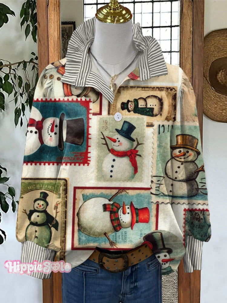Women’s Lovely Christmas Snowman Art Print Casual Long Sleeve Comfortable Top Multicolor / S
