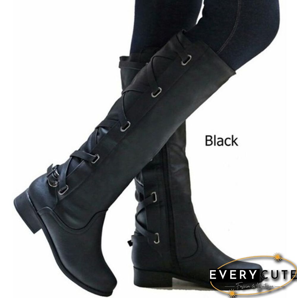 Women Winter Low Heel Belt Buckle Riding Leather Boots Knee High Cowboy Boots (Please Choose A Larger Size)